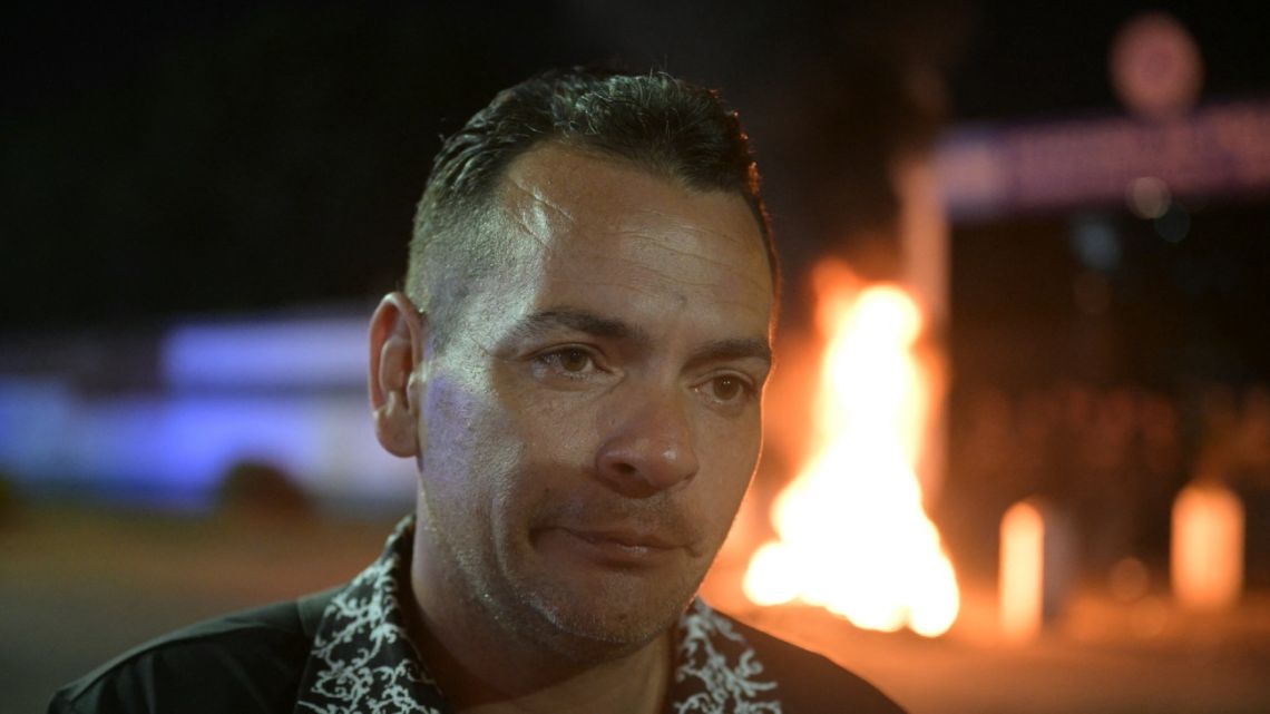 Argentine lawyer and former police officer Gabriel Sarla gestures during a police protest demanding better salaries and labor conditions in Rosario, Santa Fe province, Argentina early on February 11, 2026.