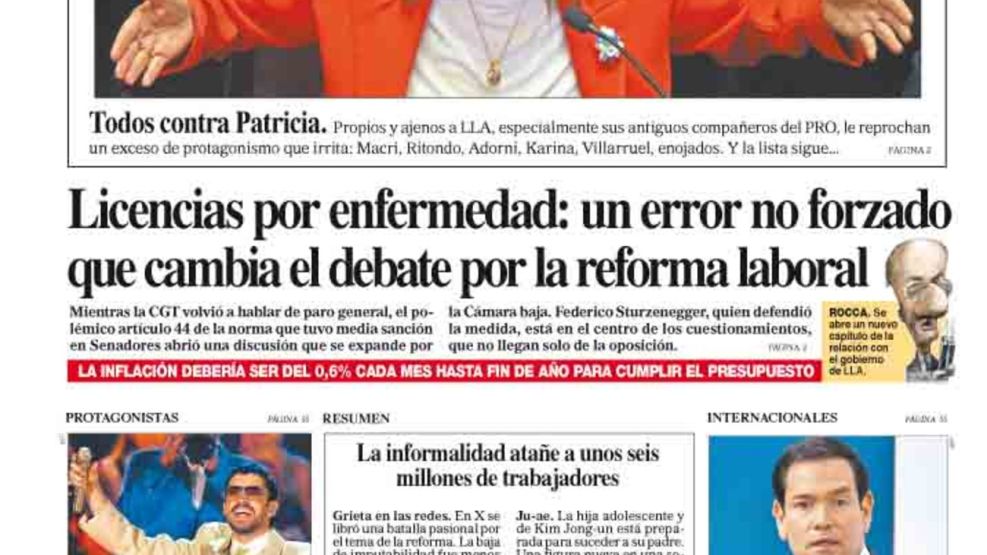 La tapa del Diario PERFIL del domingo 15 de febrero de 2026