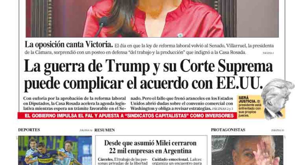 La tapa del Diario PERFIL del sábado 21 de febrero de 2026