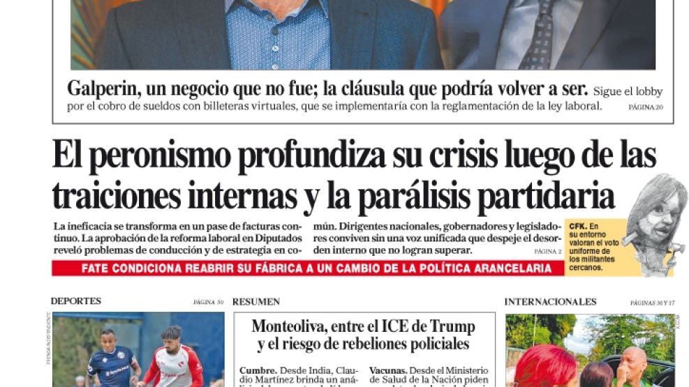 La tapa del Diario PERFIL del domingo 22 de febrero de 2026