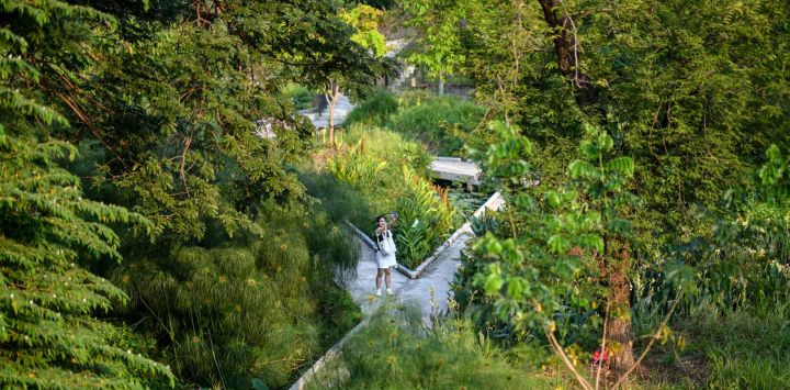 Una mujer se toma una foto selfie en el Parque Benjakitti en Bangkok. Foto de Amaury PAUL / AFP