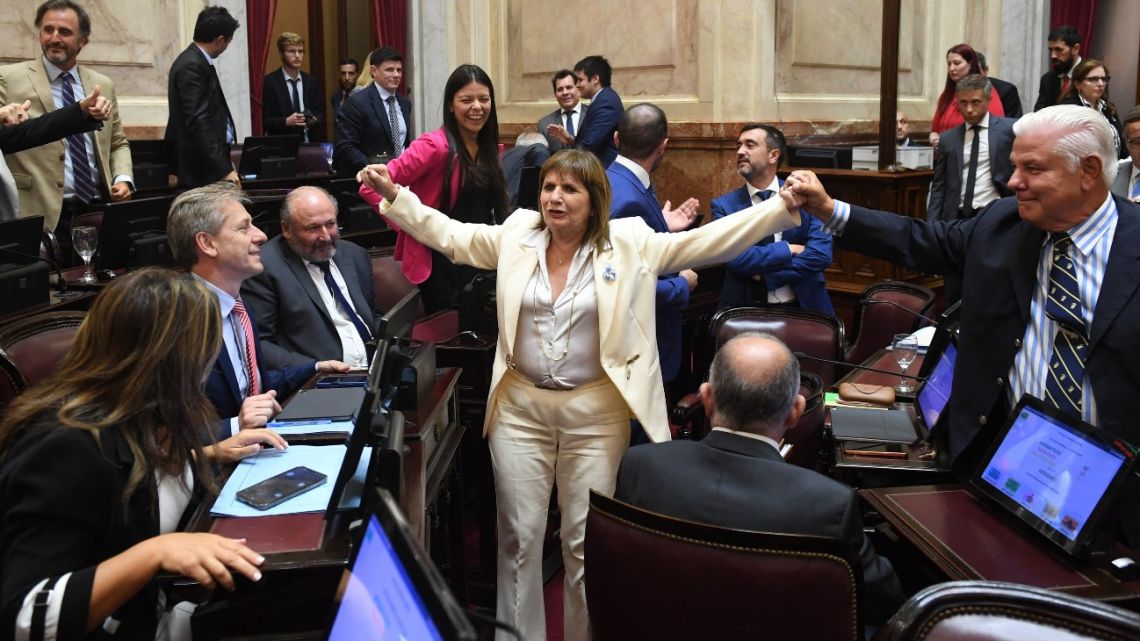 Handout picture released by the Senate press office shows Argentine Senator Patricia Bullrich, leader of the ruling party caucus, celebrating after the senate approved the labor law reform promoted by Argentina's President Javier Milei at the National…