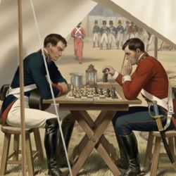 Representación de una partida de ajedrez protagonizada por los soldados argentinos ante de la batalla.