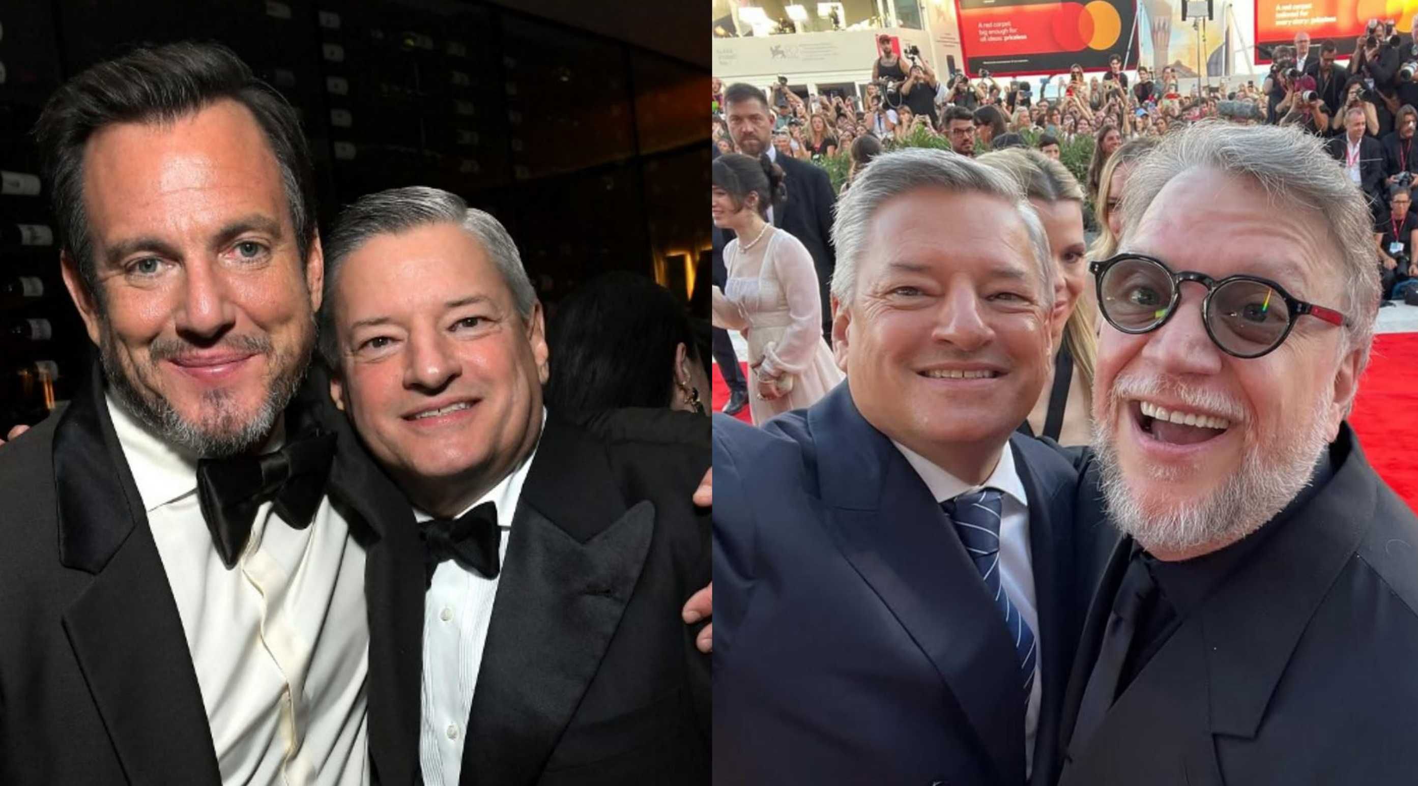Ted Sarandos y Will Arnett (izq.); y con Guillermo del Toro (der.).