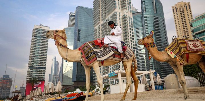 Un camellero revisa su teléfono mientras está sentado sobre su camello en la playa de Dubái. Los países del Golfo han sido considerados durante mucho tiempo como islas de estabilidad en Oriente Medio, pero la guerra en la región podría amenazar su prosperidad, según analistas, señalando los riesgos para sus ingresos y su reputación como paraísos fiscales.