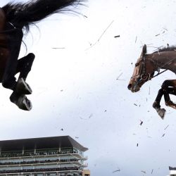 Corredores y jinetes saltan una valla durante la carrera de caballos Mares' Chase, celebrada el cuarto día del Festival de Cheltenham en el hipódromo de Cheltenham, en el oeste de Inglaterra. La carrera fue ganada por Dinoblue, montado por el jinete Mark Walsh. | Foto:Adrian Dennis / AFP