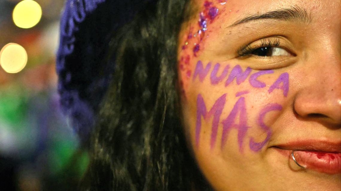 A demonstrator at a rally marking International Women's Day in Buenos Aires.