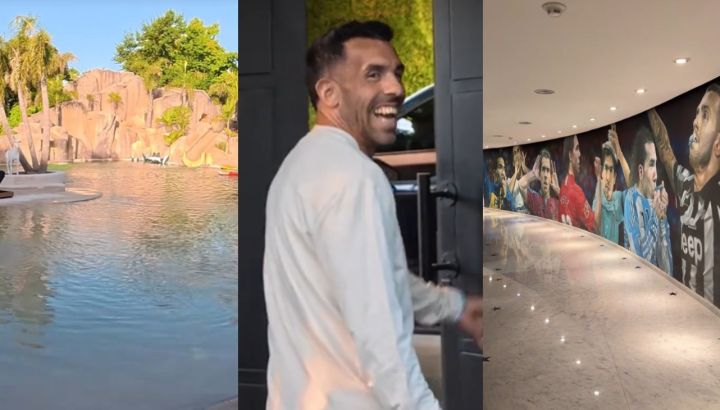 Carlos Tévez abrió las puertas de su mega mansión: pileta estilo lago artificial, murales y metegol de la Bombonera