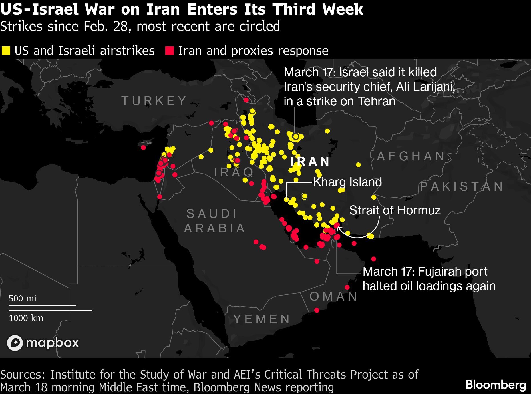 US-Israel War on Iran Enters Its Third Week | Strikes since Feb. 28, most recent are circled