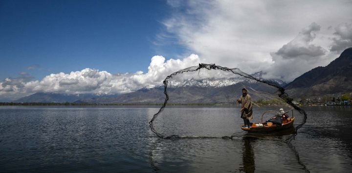 Un pescador lanza su red desde su bote en el lago Dal en Srinagar, India.