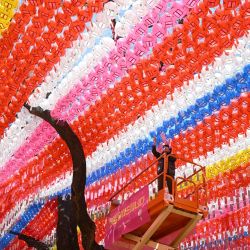 Un trabajador del templo coloca tarjetas con los deseos de los fieles budistas en las linternas de loto instaladas para las próximas celebraciones del cumpleaños de Buda en el templo Jogyesa de Seúl, Corea del Sur. | Foto:Jung Yeon-je / AFP