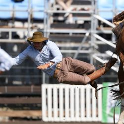 Un gaucho se cae de un caballo en las jineteadas durante la 99 edición de la Semana Criolla del Prado, en el rodeo de la Rural del Prado, en Montevideo, capital de Uruguay. | Foto:Xinhua/Nicolás Celaya