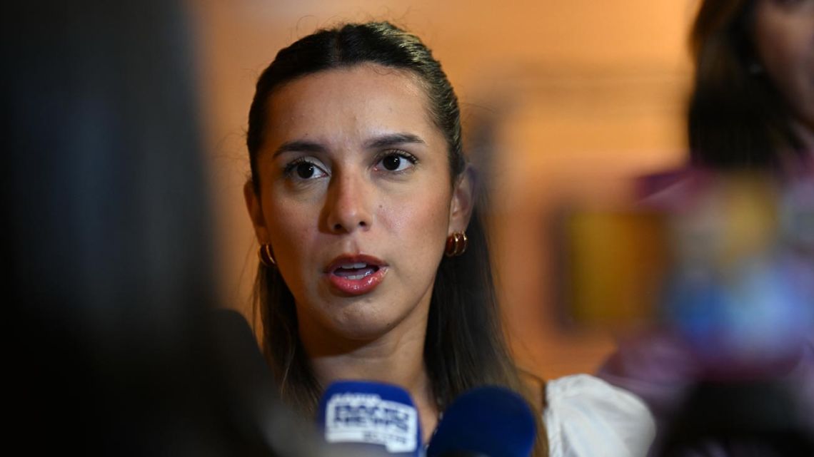 Agostina Páez speaks with local media at the Argentinian Consulate in Rio de Janeiro, Brazil, on March 25, 2026.