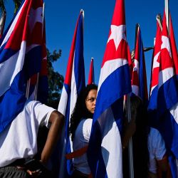 Una mujer observa entre banderas cubanas mientras participa en una manifestación de mujeres contra las sanciones impuestas por Estados Unidos a Cuba, incluido el embargo petrolero vigente desde enero, en La Habana. | Foto:YAMIL LAGE / AFP
