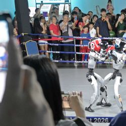 Robots compiten en un juego de boxeo durante el "RoboFest 2026: Conoce el Mañana, Hoy" en el Centro de Ciencias de Singapur. El RoboFest 2026 está dedicado a la robótica y la Inteligencia Artificial. | Foto:Xinhua/Then Chih Wey
