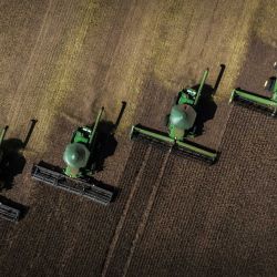 Vista aérea de máquinas cosechadoras trabajando en un campo de soja en Cruz Alta, estado de Rio Grande do Sul, Brasil. | Foto:SILVIO AVILA / AFP