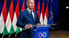 Peter Magyar during a news conference following his election victory, in Budapest, on April 13. 