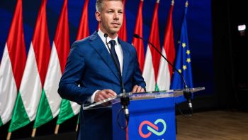 Peter Magyar during a news conference following his election victory, in Budapest, on April 13. 