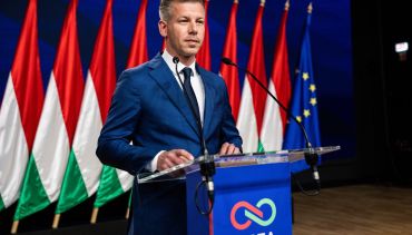 Peter Magyar during a news conference following his election victory, in Budapest, on April 13. 
