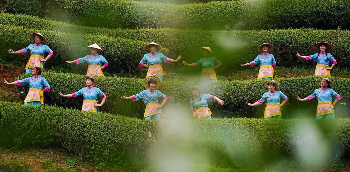 Turistas y agricultores que portan trajes tradicionales locales bailan durante un evento cultural en un jardín de té, en el poblado de Xingcun, en Wuyishan, en la provincia de Fujian, en el sureste de China.