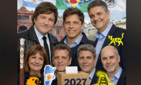 Milei, Kicillof, Macri, Bullrich, Massa, Uñac y Rodríguez Larreta, potenciales candidatos 2027 en una foto de IA.