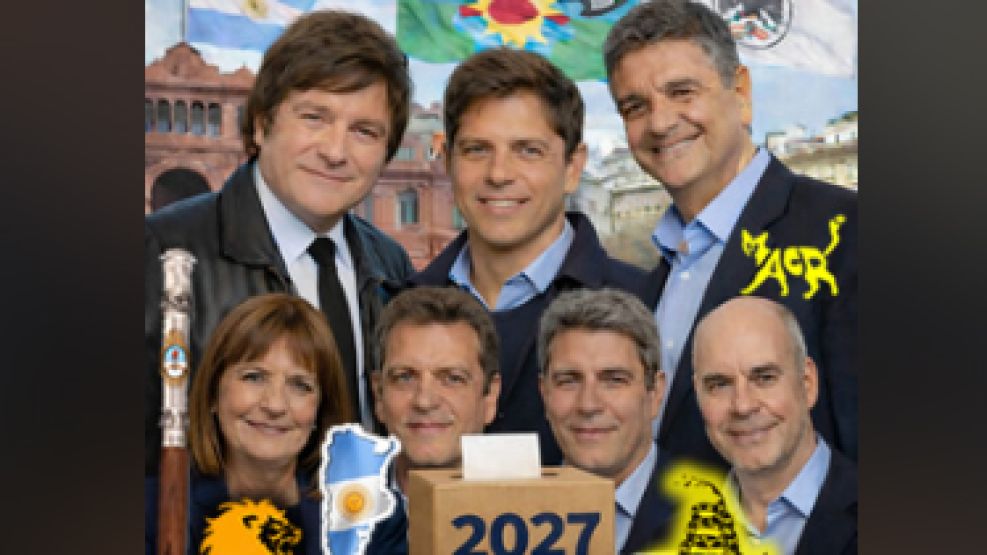 Milei, Kicillof, Macri, Bullrich, Massa, Uñac y Rodríguez Larreta, potenciales candidatos 2027 en una foto de IA.