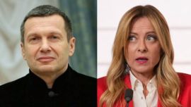 Un presentador de TV ruso llamó "idiota patentada" a Giorgia Meloni y ella le respondió
