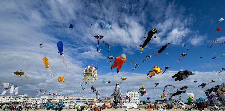 Los participantes elevan sus cometas al cielo durante el 39º Festival Internacional de Cometas (RICV) en la playa de Berck-sur-Mer, al norte de Francia. Unos 450 aficionados a las cometas de 28 países asistieron al 39º Festival Internacional de Cometas de Berck-sur-Mer.