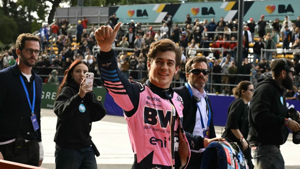 Argentina's Formula One driver Franco Colapinto gives the thumb up at the end of an exhibition in Buenos Aires on April 26, 2026, ahead of the Miami Grand Prix.