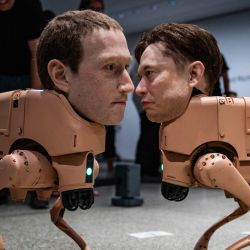 Perros robóticos autónomos equipados con cabezas de silicona hiperrealistas, inspiradas en el multimillonario tecnológico estadounidense Elon Musk (derecha) y el empresario estadounidense Mark Zuckerberg, se encuentran cara a cara como parte de la instalación artística interactiva "Regular Animals" del artista estadounidense Beeple (nacido Mike Winkelmann), en la Neue Nationalgalerie de Berlín. | Foto:JOHN MACDOUGALL / AFP