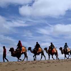 Turistas montan camellos en el Area Escénica de la Montaña Mingsha y el Manantial de la Luna Creciente después de la lluvia, en la ciudad de Dunhuang, en la provincia de Gansu, en el noroeste de China. | Foto:Xinhua/Zhang Xiaoliang