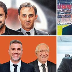 Mariano Closs y Diego Latorre (ESPN), Juan Pablo Varsky (Telefe), Sergio Goycochea, Gustavo Kuffner y Enrique Macaya Márquez (DSports), y Cristian Garófalo (TyC Sports), figuras de la TV. | Foto:Cedoc