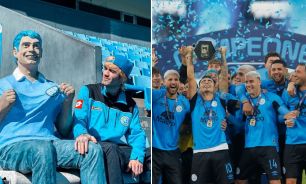 Ramiro Bueno junto a la imagen de su papá El Potro Rodrigo, y Belgrano Campeón