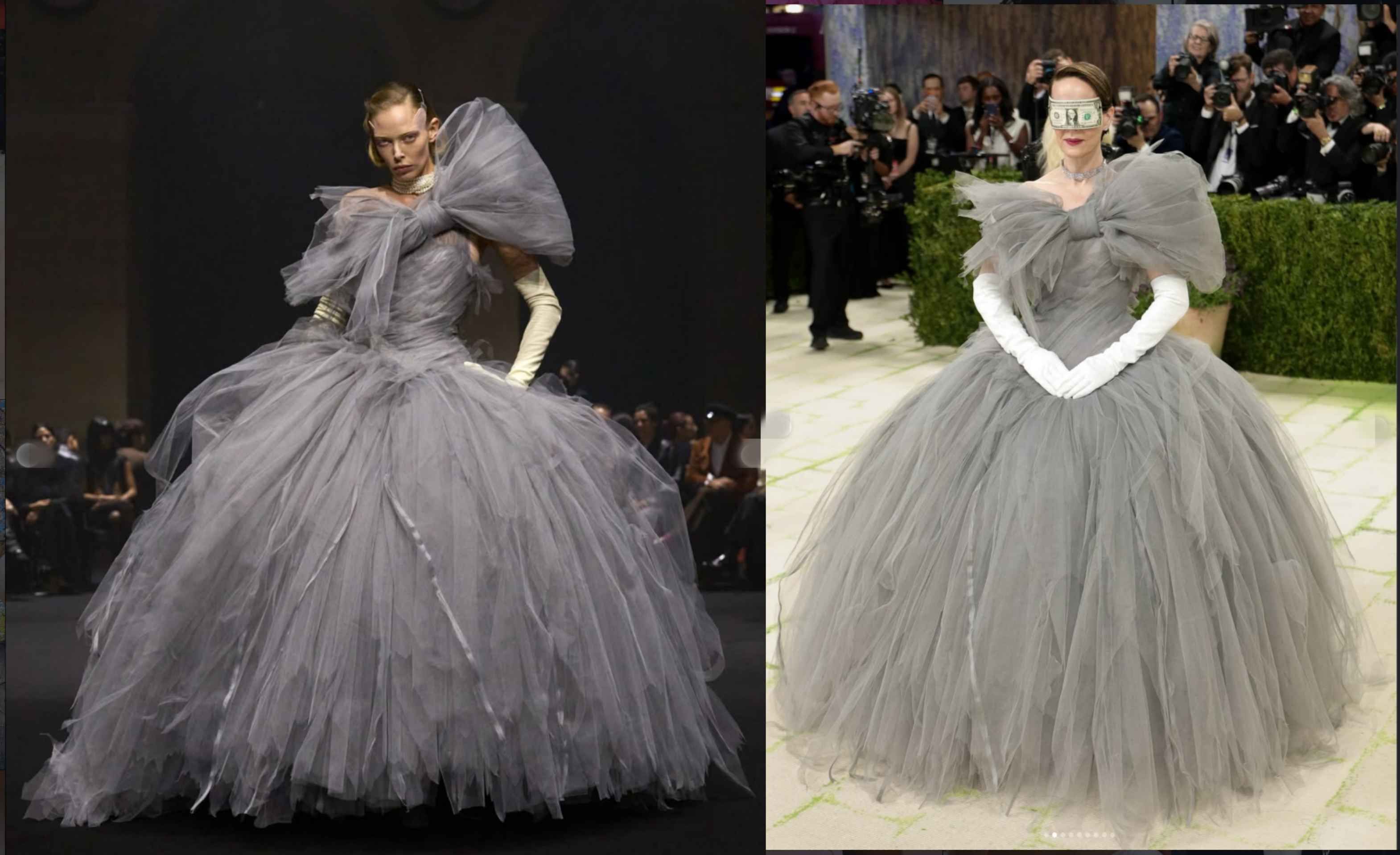 Modelo de Matières Fécales (izq.) en desfile en París; y Sarah Paulson en la Met Gala 2026.
