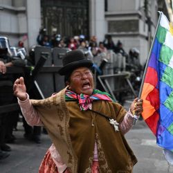 Una mujer indígena que sostiene una bandera wiphala hace un gesto frente a la policía antidisturbios durante una protesta contra el gobierno del presidente Rodrigo Paz en La Paz. | Foto:MARVIN RECINOS / AFP