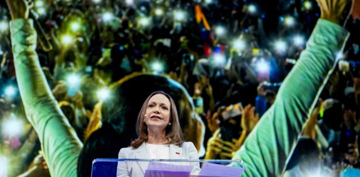 La líder opositora venezolana exiliada y ganadora del Premio Nobel de la Paz, María Corina Machado, habla durante el Foro de la Libertad de Oslo en Oslo, Noruega.