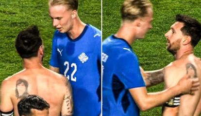 Lionel Messi con Daníel Gudjohnsen 