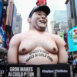 Una efigie inflable del CEO de SpaceX, Elon Musk, protestando contra la IA Grok de Musk, se erige en Times Square, Nueva York. SpaceX entró en la recta final antes de su esperada salida a bolsa en Wall Street como parte de la mayor oferta pública inicial de la historia, que podría catapultar al cofundador Elon Musk al estatus de multimillonario. Si todo sale según lo previsto, la compañía espacial y de cohetes cofundada por Musk en 2002 comenzará a cotizar en la bolsa Nasdaq, con todas las miradas puestas en cómo Wall Street asimilará la exitosa OPI que podría sacudir los mercados globales. | Foto:CHARLY TRIBALLEAU / AFP