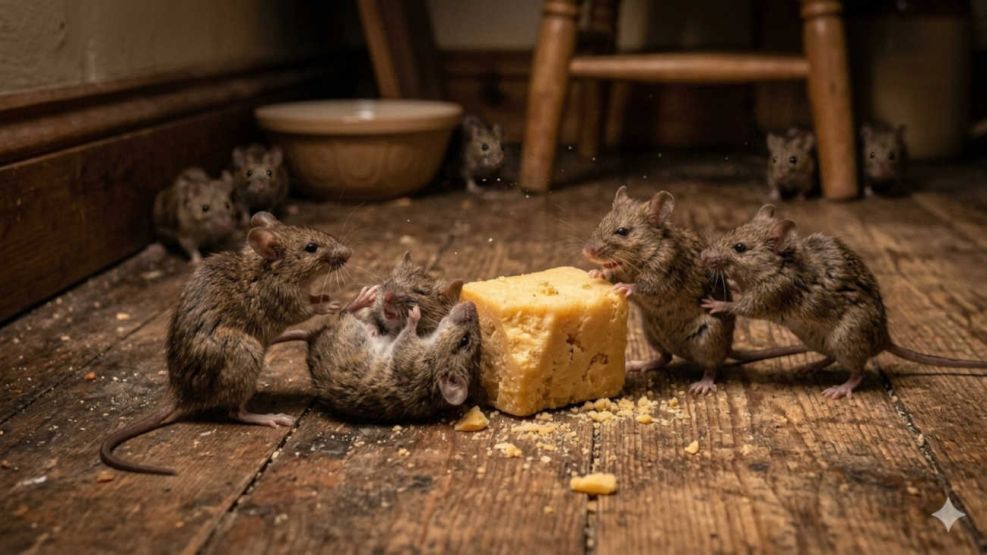 Varios ratones peleándose o al acecho de un pedazo de queso 12062026