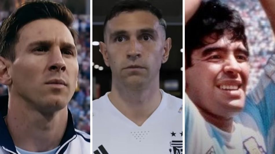 Lionel Messi, Dibu Martínez y Diego Maradona