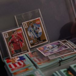 Panini FIFA World Cup stickers are exchanged in Parque Rivadavia. Collectors fill albums with stickers of players representing the 48 teams competing in the World Cup.