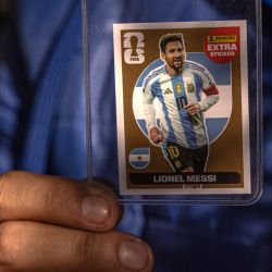 Panini FIFA World Cup stickers are exchanged in Parque Rivadavia. Collectors fill albums with stickers of players representing the 48 teams competing in the World Cup.