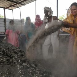 Esta fotografía muestra a Kamlesh Devi, directora general de Tappal Samriddhi Mahila Kisan Producer Company Limited, añadiendo cenizas volantes a estiércol de vaca seco en una planta de biofertilizantes en la aldea de Bharatpur, cerca de la ciudad de Tappal, en Uttar Pradesh. | Foto:ARUN SANKAR / AFP