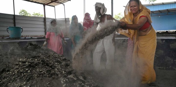 Esta fotografía muestra a Kamlesh Devi, directora general de Tappal Samriddhi Mahila Kisan Producer Company Limited, añadiendo cenizas volantes a estiércol de vaca seco en una planta de biofertilizantes en la aldea de Bharatpur, cerca de la ciudad de Tappal, en Uttar Pradesh.