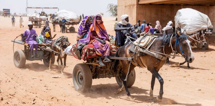 Vista general de carros que se dirigen a Chad en el puesto fronterizo de Adré. Un número creciente de chadianos que huyen de la guerra en Sudán están llegando al puesto fronterizo de Adré en Chad, pero la escasez de fondos podría obligar a las agencias de la ONU sobre el terreno a suspender sus operaciones. El conflicto civil en Sudán ya ha costado decenas de miles de vidas y ha obligado a más de 12 millones de personas a huir de sus hogares, más de un millón de ellas chadianas, según cifras de la ONU.