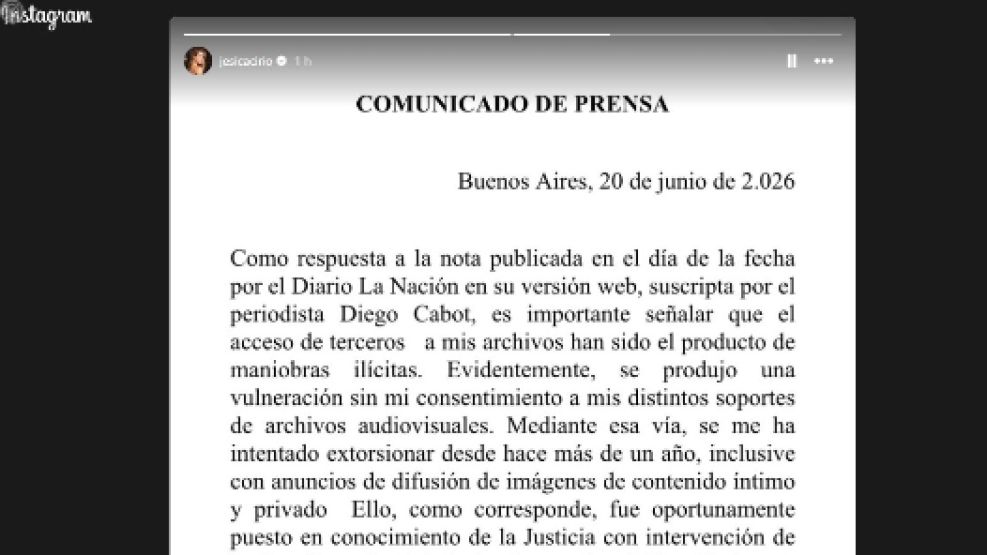 La nota que posteó Jesica Cirio en relación a los videos que publicó LN sobre gran cantidad de dólares en una propiedad de Martín Insaurralde.