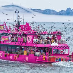 Imagen tomada con un dron de un paseo en bote, en el área marítima de la ciudad de Rongcheng, en la provincia de Shandong, en el este de China. | Foto:Xinhua/Li Xinjun