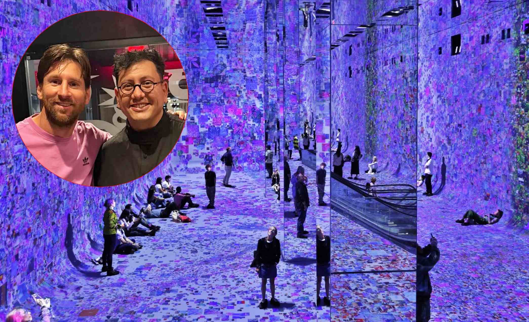 Una de las salas de Dataland, el museo de inteligencia artificial. Messi y Refik Anadol (círculo), alma mater del museo.