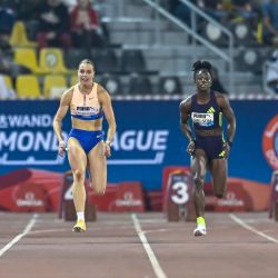 Imagen de Kemba Nelson de Jamaica, y Patrizia van der Weken, de Luxemburgo, compitiendo durante la final de 100 m femeninos en la Liga Diamante de World Athletics 2026, en Doha, Qatar. | Foto:Xinhua/Nikku