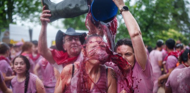 Un participante es rociado con vino tinto durante la "Batalla del Vino" en Haro, en la región vinícola de La Rioja. Cada año, miles de lugareños y turistas suben a una montaña en la región vinícola de La Rioja, al norte de España, para celebrar el día de San Pedro rociándose unos a otros con vino tinto usando pistolas de agua, dispositivos de pulverización montados en la espalda, cubos que se vierten al azar sobre las cabezas y en cualquier otro recipiente disponible.